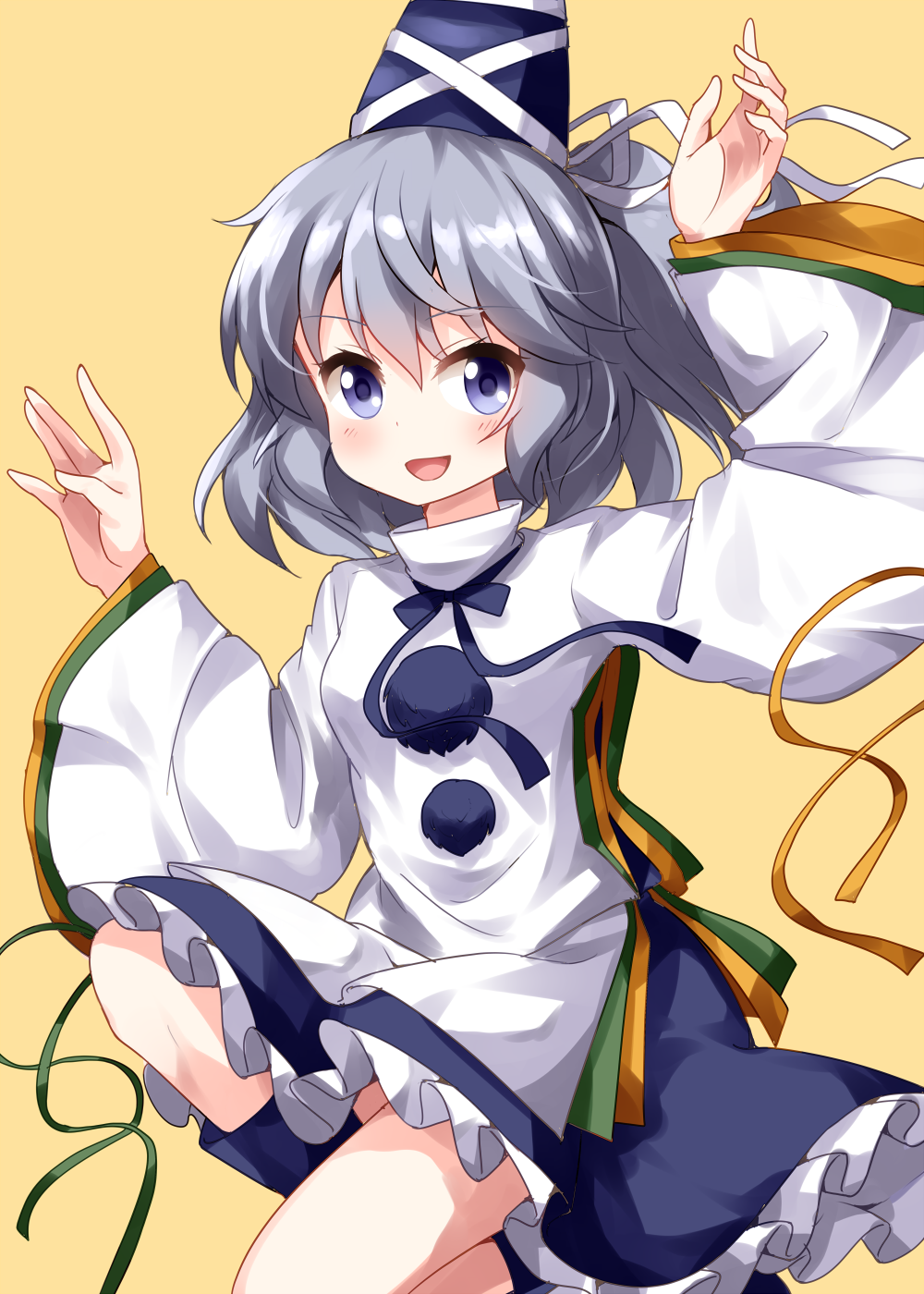 1girl :d arm_up bangs blouse blue_eyes blue_footwear blue_hat blue_neckwear blue_ribbon blue_skirt blush boots breasts commentary_request eyebrows_visible_through_hair green_ribbon hair_between_eyes hand_up hat hat_ribbon highres long_sleeves mononobe_no_futo neck_ribbon one_knee open_mouth petticoat pom_pom_(clothes) ponytail ribbon ruu_(tksymkw) short_hair silver_hair simple_background skirt small_breasts smile solo tate_eboshi thighs touhou turtleneck white_blouse white_ribbon wide_sleeves yellow_background yellow_ribbon