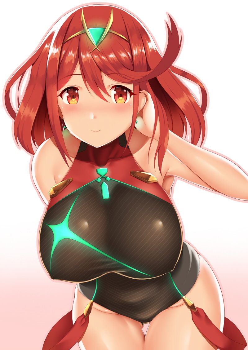 1girl bangs black_swimsuit breasts covered_navel earrings fingerless_gloves gloves headpiece pyra_(xenoblade) jewelry large_breasts looking_at_viewer nintendo one-piece_swimsuit red_eyes redhead short_hair sidelocks simple_background solo swept_bangs swimsuit tiara white_background xenoblade_(series) xenoblade_2 zukky
