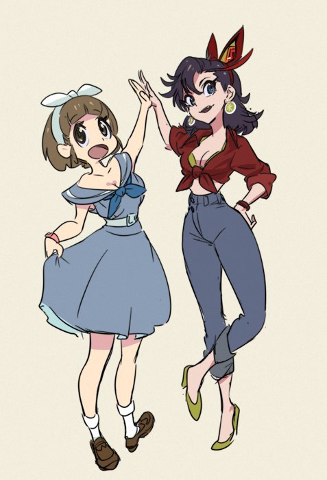 1950s adapted_costume bob_cut bracelet breasts cleavage denim dress earrings gyosone headband height_difference high_five high_heels jeans jewelry kill_la_kill mankanshoku_mako matoi_ryuuko multicolored_hair pants rockabilly sailor_dress senketsu streaked_hair vintage_clothing