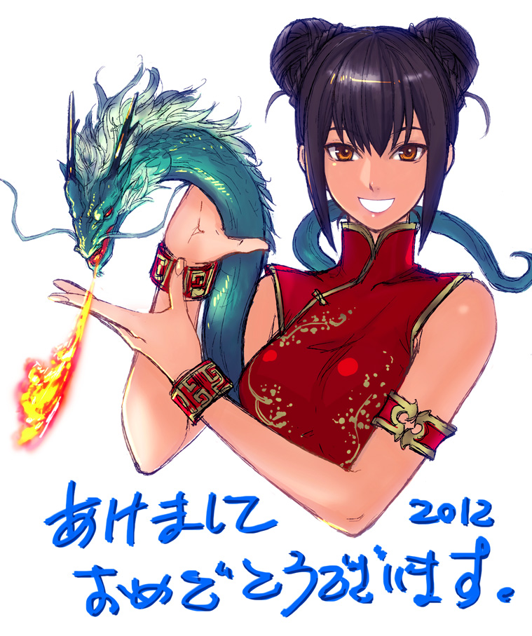 1girl 2012 :d akeome bare_shoulders black_hair breasts breathing_fire brown_eyes china_dress chinese_clothes chinese_zodiac commentary_request copyright_request dated double_bun dragon dress eastern_dragon fire hands_up happy_new_year large_breasts looking_at_viewer new_year open_mouth red_dress short_hair simple_background smile solo tetsu_(kimuchi) translated white_background wristband year_of_the_dragon