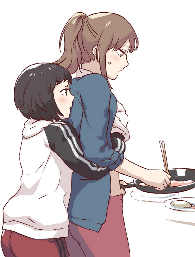 2girls blush breast_grab chopsticks cooking flauschtraut food frying_pan grabbing grabbing_from_behind groping hand_under_clothes komano_hina multiple_girls okujou_no_yurirei-san sweatdrop toomi_yuna yuri