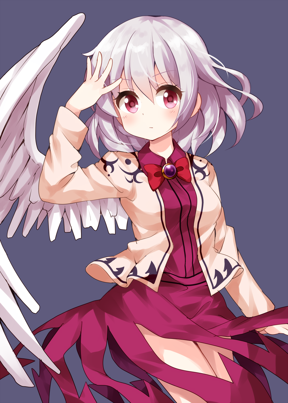 1girl arm_up bangs beige_jacket blue_background blush bow bowtie breasts brooch closed_mouth commentary_request cowboy_shot dress eyebrows_visible_through_hair feathered_wings grey_wings hair_between_eyes highres jacket jewelry kishin_sagume long_sleeves looking_at_viewer medium_breasts pink_eyes purple_dress red_bow red_neckwear ruu_(tksymkw) short_hair silver_hair simple_background single_wing solo standing thighs touhou white_wings wing_collar wings