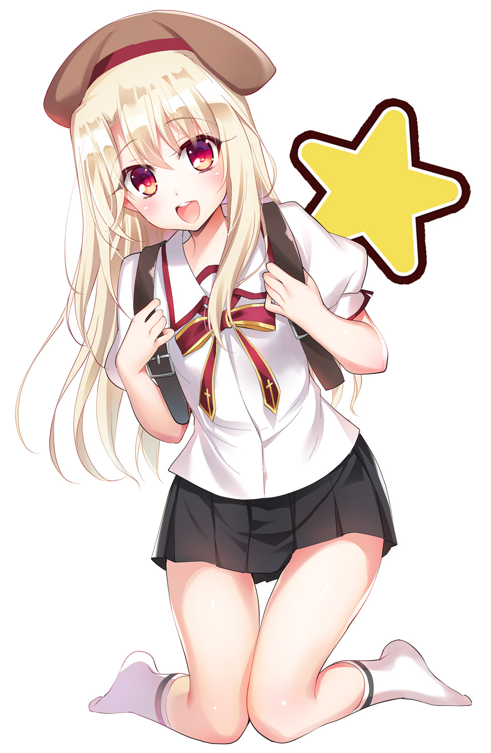 1girl :d backpack bag bangs beret black_skirt blonde_hair blush bow brown_hat collared_shirt commentary_request eyebrows_visible_through_hair fate/kaleid_liner_prisma_illya fate_(series) hair_between_eyes hat highres homurahara_academy_uniform illyasviel_von_einzbern kneeling leaning_to_the_side long_hair no_shoes open_mouth pleated_skirt puffy_short_sleeves puffy_sleeves red_bow red_eyes round_teeth school_uniform shirt short_sleeves simple_background skirt smile socks solo star teeth upper_teeth very_long_hair white_background white_legwear white_shirt youta