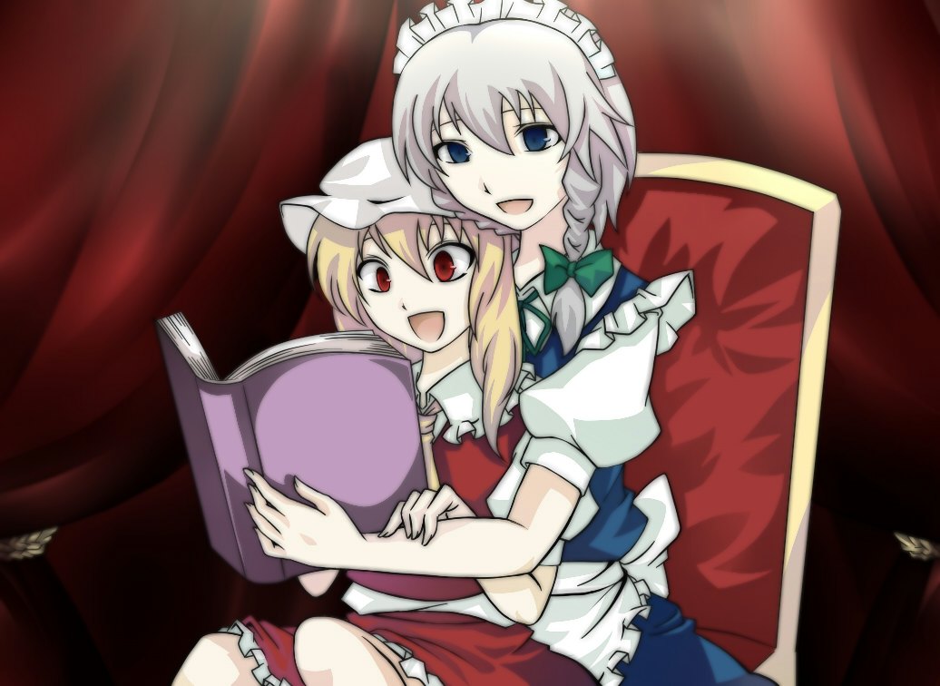 2girls :d apron ascot blonde_hair blue_dress blue_eyes book braid chair colored_eyelashes commentary_request cowboy_shot curtains dress flandre_scarlet frills hair_between_eyes hair_ribbon hal_(goshujinomocha) happy hat holding holding_book izayoi_sakuya maid maid_headdress mob_cap multiple_girls open_book open_mouth puffy_short_sleeves puffy_sleeves reading red_eyes ribbon short_hair short_sleeves side_ponytail sidelocks silver_hair sitting sitting_on_lap sitting_on_person smile touhou tress_ribbon twin_braids waist_apron