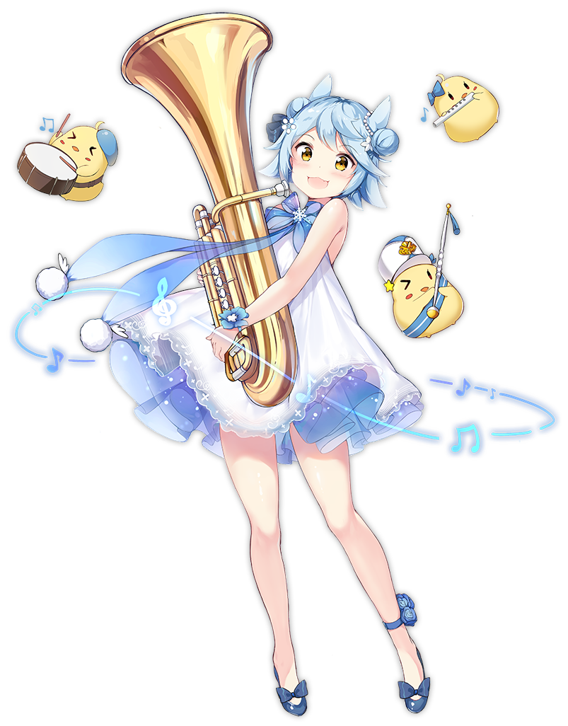 1girl azur_lane blue_bow blue_hair blush boqboq bow drum drumsticks eyebrows_visible_through_hair flute fubuki_(azur_lane) full_body hair_bow high_heels holding holding_instrument instrument looking_at_viewer musical_note official_art open_mouth short_hair smile solo transparent_background treble_clef tuba yellow_eyes