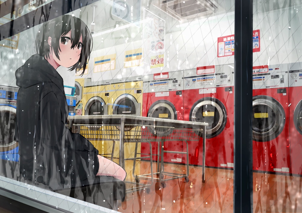 1girl bangs black_hair black_hoodie brown_eyes eyebrows_visible_through_hair from_outside hood hood_down hoodie indoors laundromat laundry long_sleeves looking_at_viewer looking_out_window looking_to_the_side original sakeharasu short_hair sitting solo washing_machine window window_writing