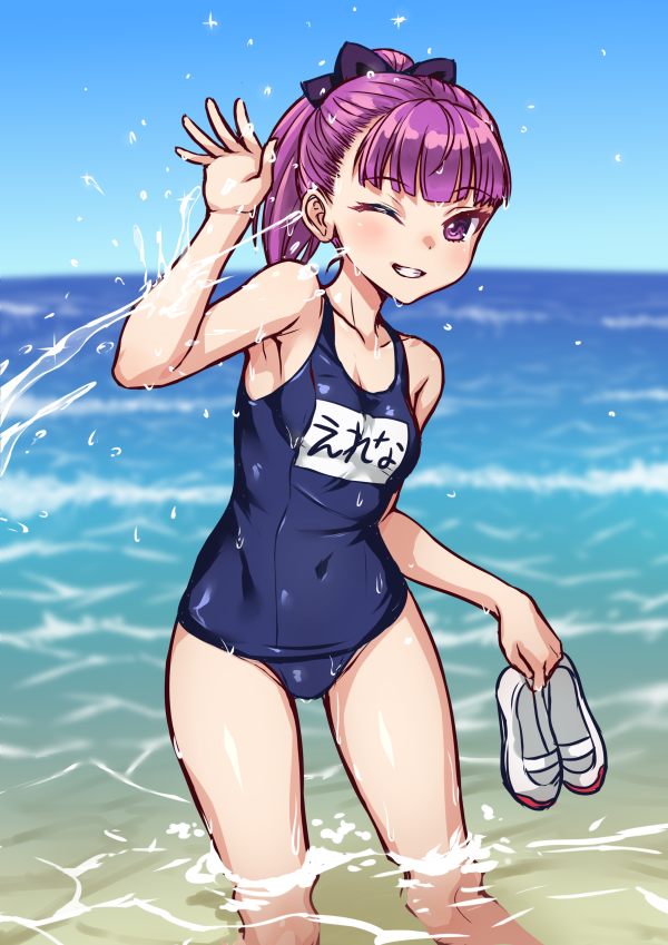 1girl arm_up armpits bangs black_bow blue_sky blue_swimsuit blunt_bangs blurry blush bow breasts character_name clothes_writing collarbone commentary_request covered_navel cowboy_shot day depth_of_field eyebrows_visible_through_hair fate/grand_order fate_(series) gradient gradient_sky grin hair_bow hand_up helena_blavatsky_(fate/grand_order) helena_blavatsky_(swimsuit_archer)_(fate) high_ponytail hips holding holding_shoes leaning_to_the_side looking_at_viewer medium_hair name_tag ocean old_school_swimsuit one-piece_swimsuit one_eye_closed outdoors ponytail purple_hair school_swimsuit shoes shoes_removed sky small_breasts smile solo squirting standing swimsuit tanaka_gorbachev thighs uwabaki violet_eyes wading water wet white_footwear