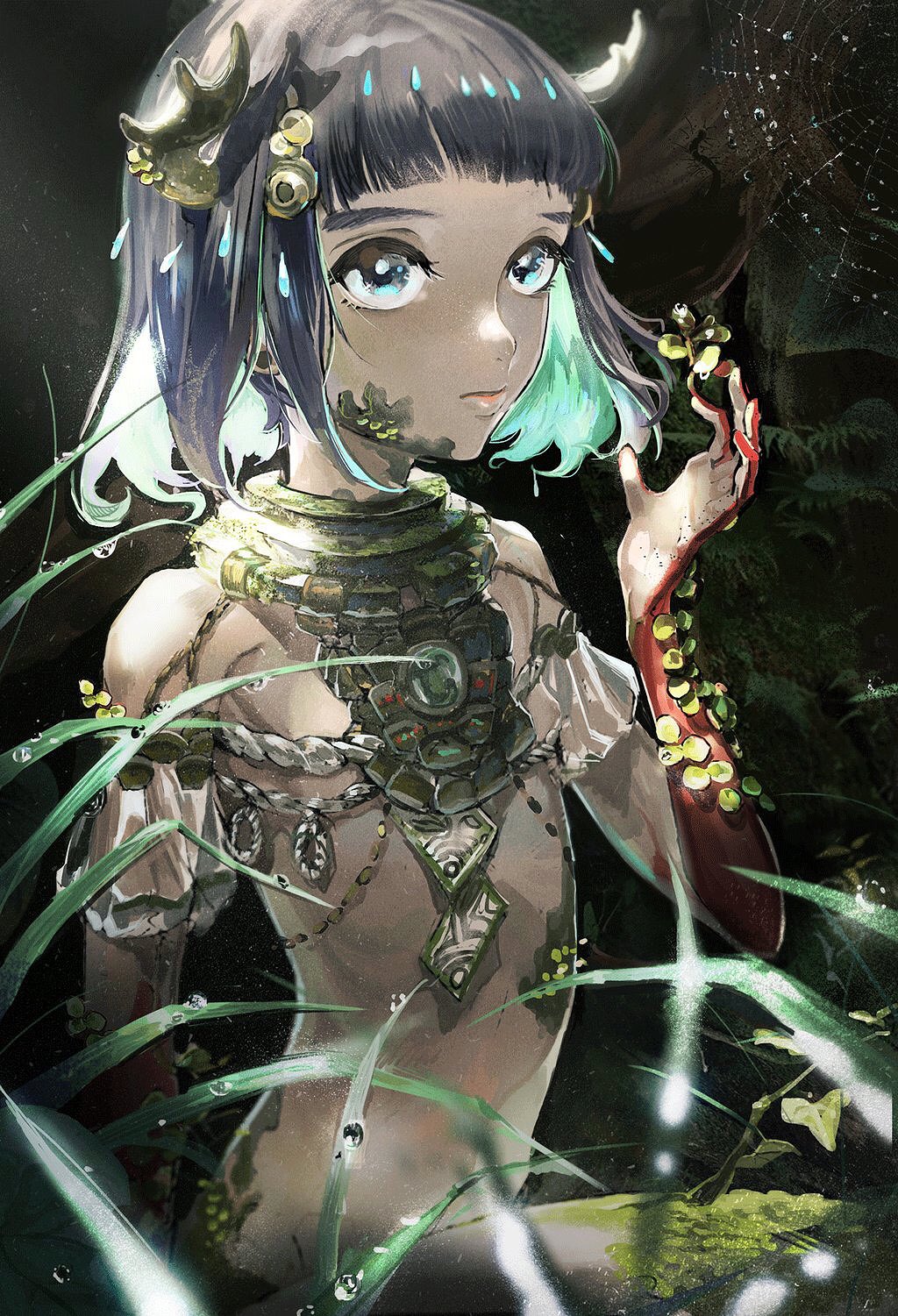 1girl antlers bangs bayashiko black_hair blue_eyes blunt_bangs blurry blurry_foreground bob_cut closed_mouth commentary_request depth_of_field dew_drop grass hair_ornament hand_up highres holding jewelry looking_at_viewer moss original outdoors plant_girl revealing_clothes short_sleeves sitting solo upper_body water_drop