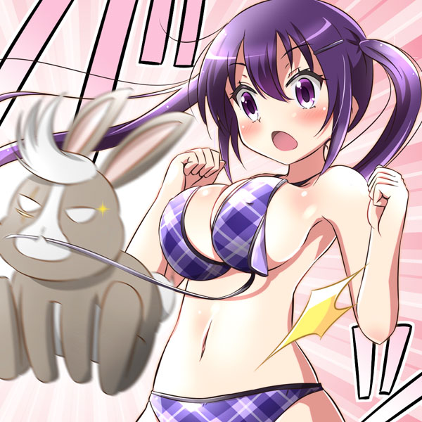 1girl bikini breasts clothes_theft commentary_request gochuumon_wa_usagi_desu_ka? hair_ornament hairclip large_breasts long_hair na!_(na'mr) navel plaid plaid_bikini purple_bikini purple_hair rabbit solo swimsuit tedeza_rize theft twintails violet_eyes