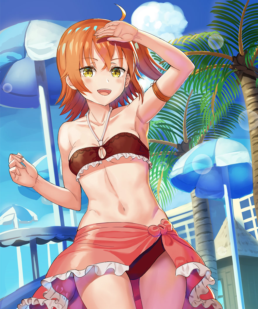 1girl :d ahoge arm_up armlet armpits bikini blue_sky blush breasts brown_bikini cleavage clouds cola cowboy_shot day fate/grand_order fate_(series) frilled_bikini frills from_below fujimaru_ritsuka_(female) halterneck lens_flare looking_at_viewer open_mouth orange_hair outdoors palm_tree parasol sarong short_hair side_ponytail sideboob sky smile solo standing swimsuit tree umbrella under_boob wgdnmbdflrykqoq yellow_eyes