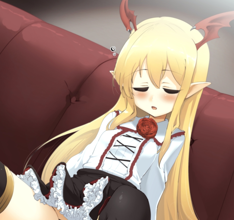 1girl bangs bat_wings black_legwear black_skirt blonde_hair blush breasts closed_eyes commentary_request couch dutch_angle eyebrows_visible_through_hair facing_viewer flower frilled_skirt frills hair_between_eyes head_wings long_hair momio on_couch parted_lips pointy_ears red_flower red_rose red_wings rose shingeki_no_bahamut shirt sitting skirt sleeping small_breasts solo thigh-highs vampy very_long_hair white_shirt wings