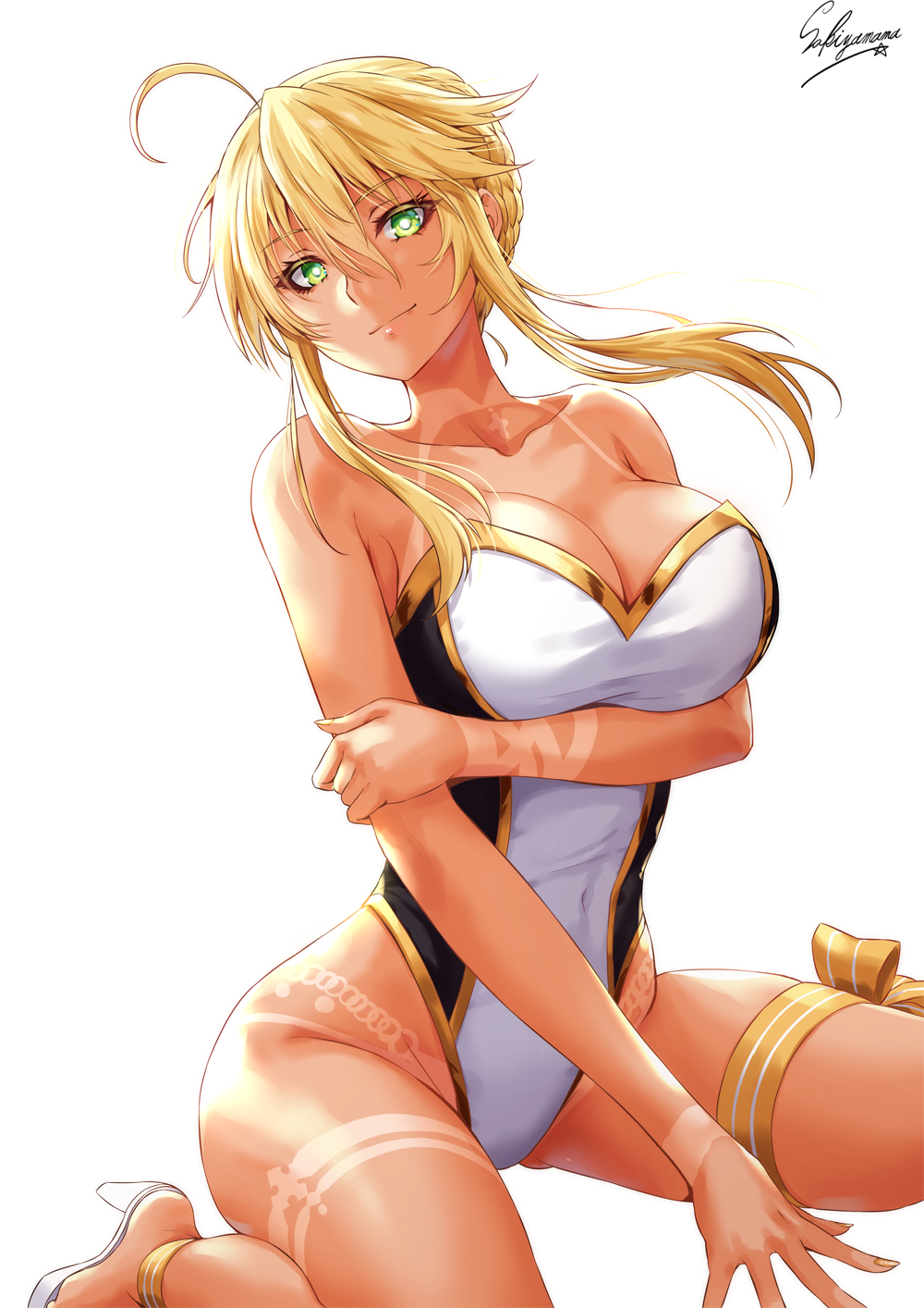 1girl ahoge artoria_pendragon_(all) artoria_pendragon_(lancer) bangs bare_shoulders bikini_tan braid breasts cleavage closed_mouth commentary_request covered_navel eyelashes fate/grand_order fate_(series) french_braid green_eyes hair_between_eyes high_heels highres hips large_breasts long_hair looking_at_viewer one-piece_swimsuit sakiyamama sandals sidelocks simple_background sitting smile solo swept_bangs swimsuit tan tanline thigh_strap thighs two-tone_swimsuit wariza white_background white_swimsuit