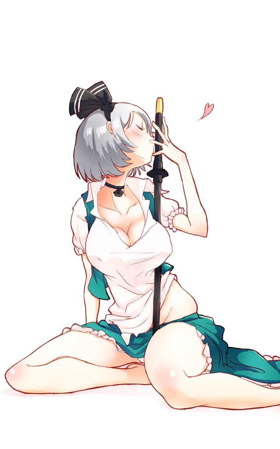 1girl barefoot between_legs black_neckwear breasts cleavage closed_eyes collarbone covered_nipples heart highres katana kiss konpaku_youmu large_breasts non_(z-art) panties pantyshot pantyshot_(sitting) puffy_short_sleeves puffy_sleeves shirt short_hair short_sleeves silver_hair simple_background sitting skirt skirt_pull sword thighs touhou underwear weapon white_background white_panties white_shirt