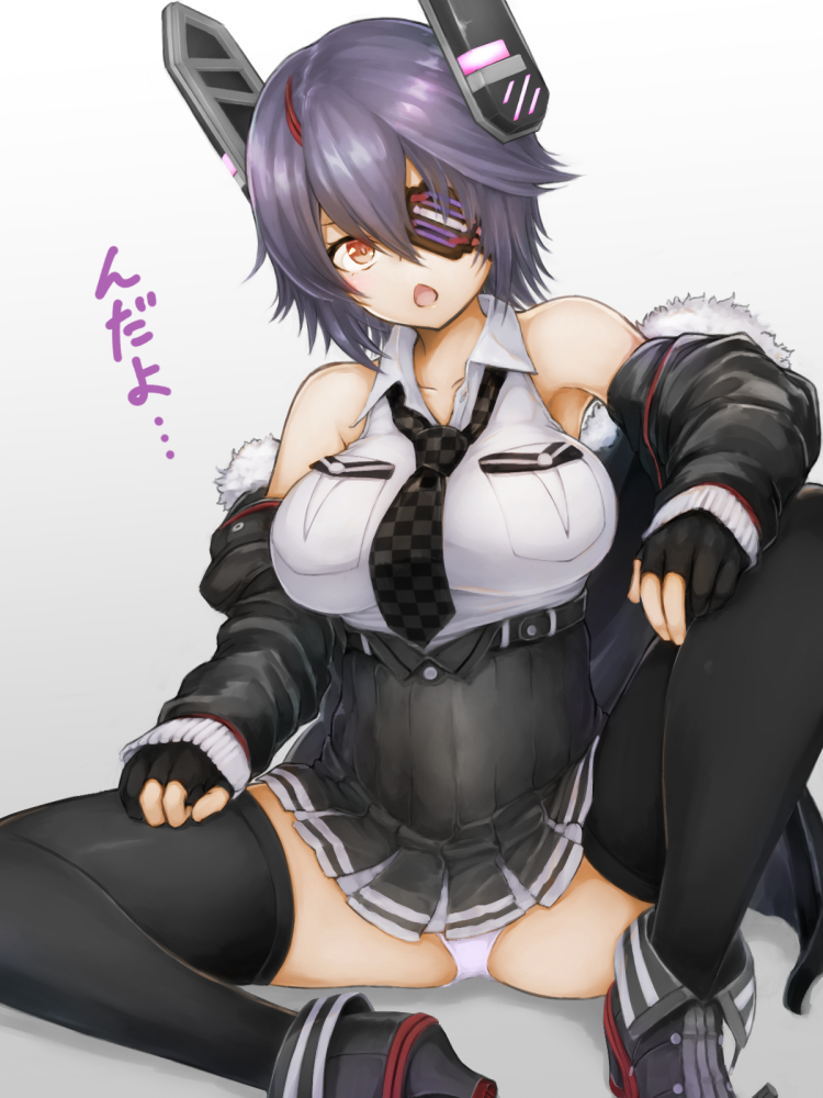 1girl black_gloves black_jacket breast_pocket breasts checkered checkered_neckwear eyepatch gloves headgear high-waist_skirt jacket kantai_collection large_breasts long_sleeves necktie oonaka_ito open_mouth orange_eyes panties pantyshot pantyshot_(sitting) partly_fingerless_gloves pocket purple_hair remodel_(kantai_collection) shirt short_hair sitting skirt sleeveless solo spread_legs tenryuu_(kantai_collection) thigh-highs translated underwear white_panties white_shirt