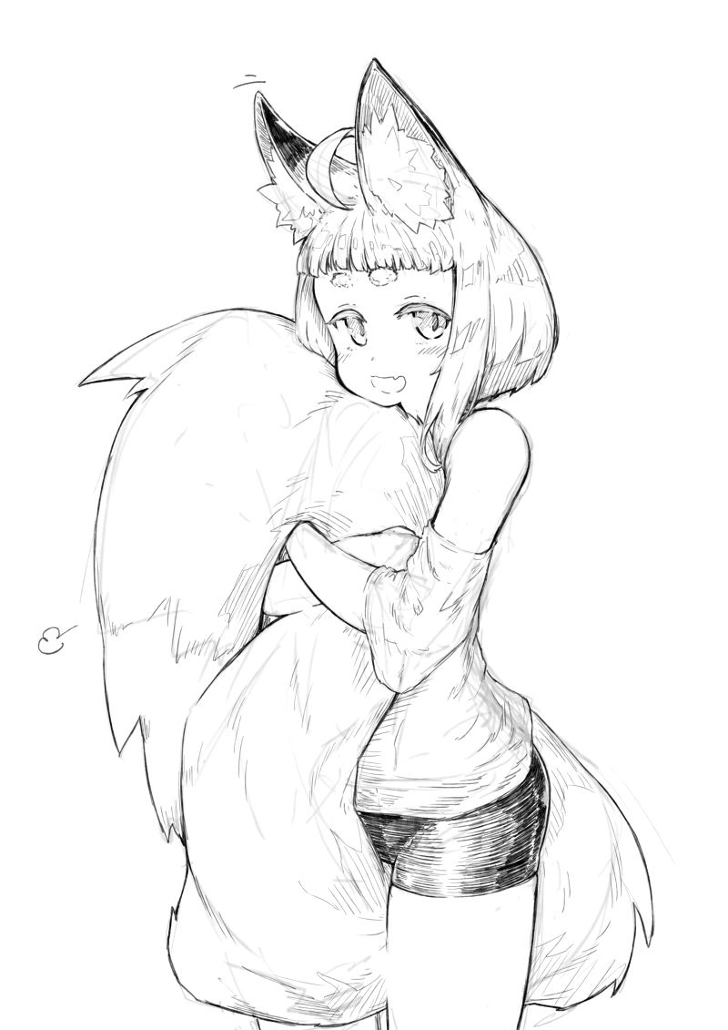 1girl ahoge animal_ear_fluff animal_ears bangs bare_legs between_legs bike_shorts blunt_bangs blush cowboy_shot fox fox_ears fox_girl fox_girl_(jaco) fox_tail greyscale holding_own_tail jaco large_tail looking_at_viewer monochrome off_shoulder original short_hair short_hair_with_long_locks short_sleeves sidelocks simple_background solo standing sweater tail tail_between_legs tail_hug thick_eyebrows white_background