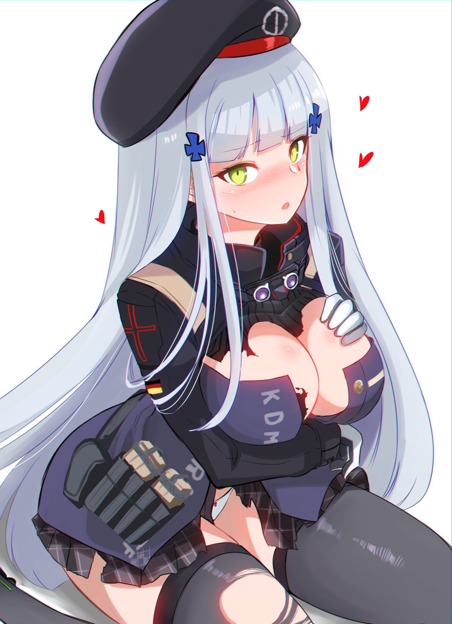 10eki_(tenchou) 1girl ammunition_pouch arm_under_breasts bangs beret black_legwear blunt_bangs blush bow bow_panties breast_suppress breasts cleavage clothes_writing damaged eyebrows_visible_through_hair facial_mark flying_heart german_flag girls_frontline gloves green_eyes gun hair_ornament hat highres hk416_(girls_frontline) jacket long_hair looking_at_viewer magazine_(weapon) medium_breasts open_mouth panties plaid plaid_skirt pleated_skirt pouch silver_hair simple_background sitting skirt solo sweatdrop teardrop thigh-highs thighs torn_clothes torn_jacket torn_skirt torn_thighhighs underwear very_long_hair wariza weapon white_background white_panties