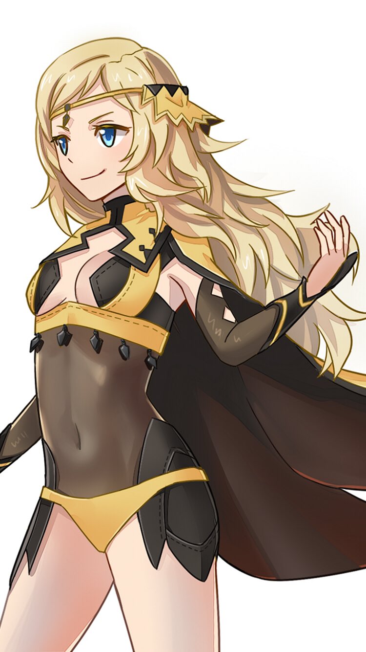 1girl blonde_hair blue_eyes breasts cape center_opening circlet cleavage closed_mouth covered_navel fire_emblem fire_emblem_if highres hraaat long_hair nintendo ophelia_(fire_emblem_if) simple_background small_breasts smile solo white_background