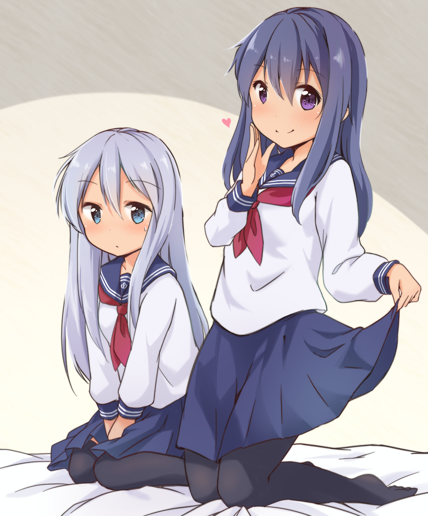 2girls akatsuki_(kantai_collection) black_legwear blue_eyes blue_hair blue_skirt eyebrows_visible_through_hair heart hibiki_(kantai_collection) kantai_collection kneeling lifted_by_self long_hair long_sleeves looking_at_viewer multiple_girls neckerchief no_shoes on_bed pantyhose pleated_skirt red_neckwear school_uniform serafuku silver_hair sitting skirt skirt_lift smile tobi_(nekomata_homara) violet_eyes wariza