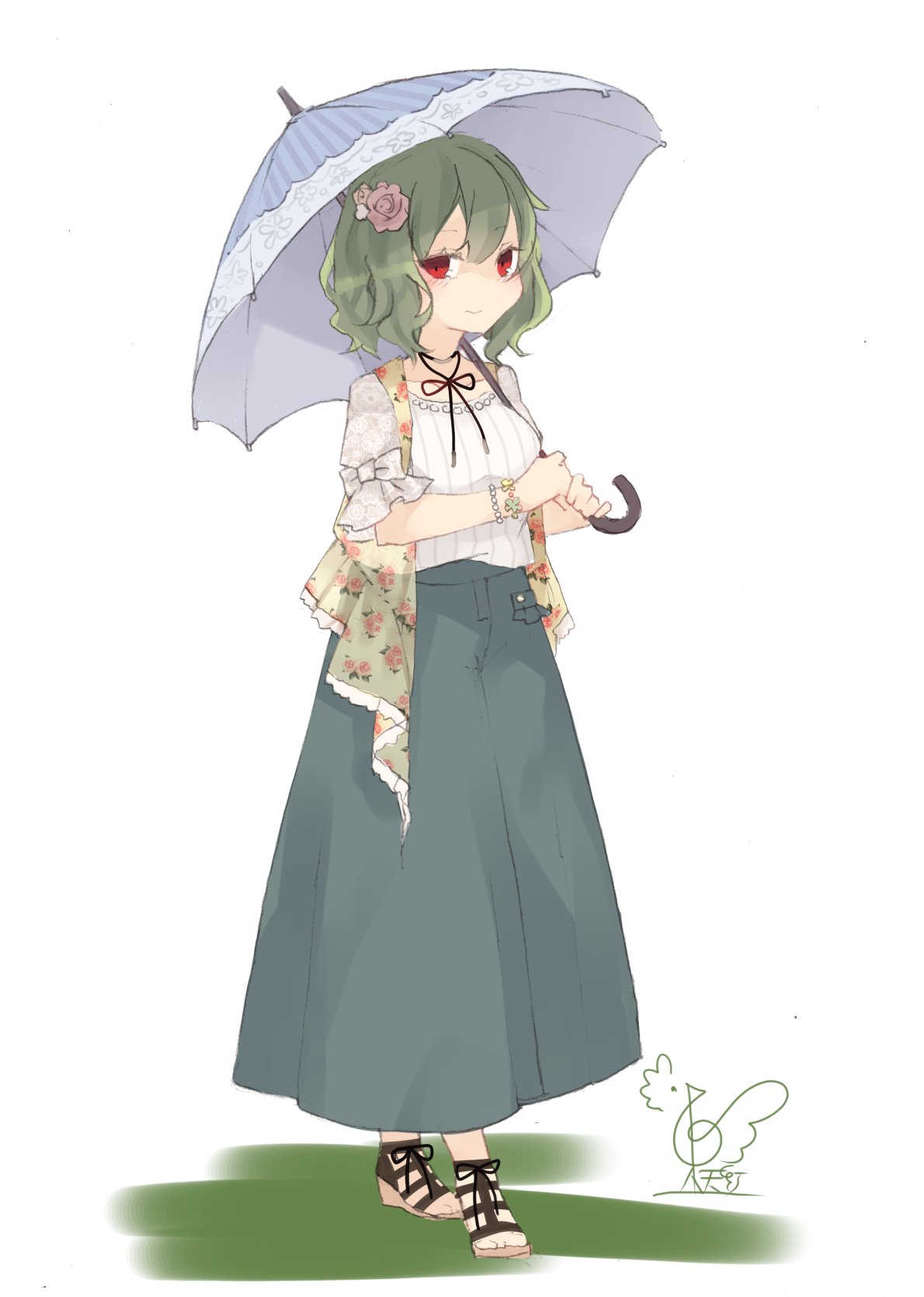 1girl bead_bracelet beads beige_vest black_choker black_ribbon blue_umbrella blush bow bracelet breasts brown_footwear choker collarbone commentary_request eyebrows_visible_through_hair floral_print flower full_body green_hair green_skirt hair_between_eyes hair_flower hair_ornament highres holding holding_umbrella jewelry kazami_yuuka looking_at_viewer medium_breasts pink_flower pink_rose puffy_short_sleeves puffy_sleeves red_eyes ribbon ribbon_choker rose sandals shirt short_hair short_sleeves signature simple_background skirt smile solo standing striped_umbrella touhou toutenkou umbrella vest white_background white_bow white_shirt