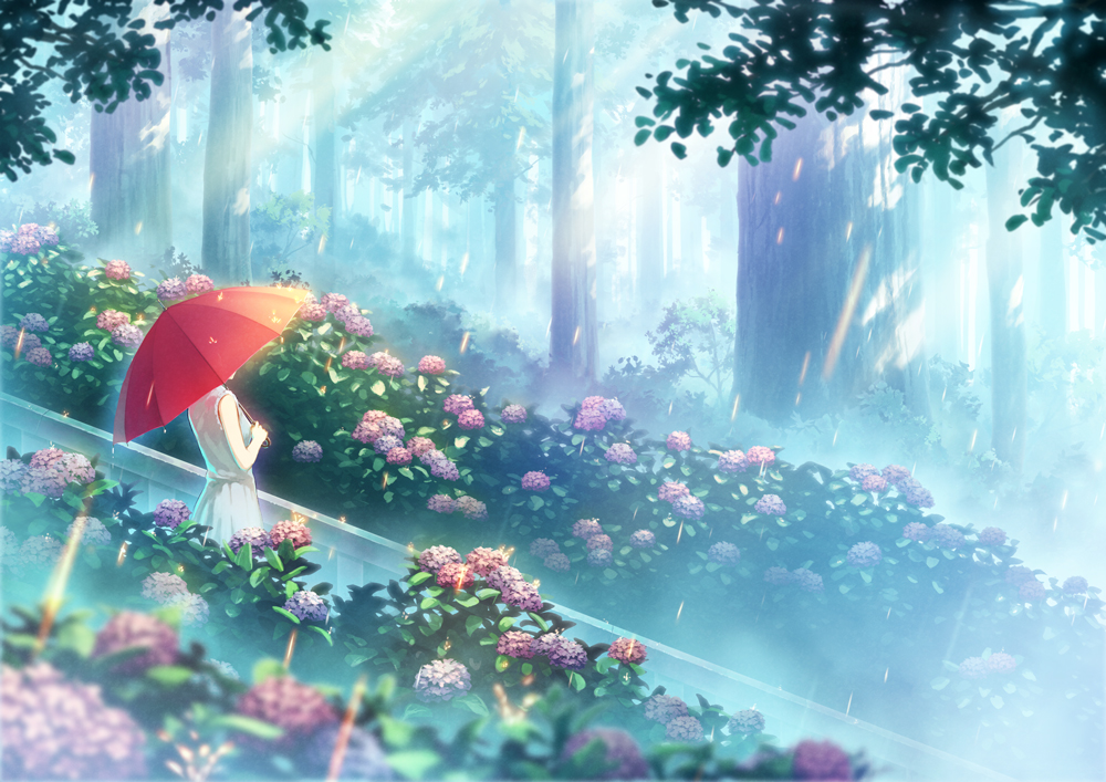 1girl day facing_away flower forest holding holding_umbrella kami_(yoshipt0716) nature original outdoors rain scenery solo standing tree umbrella