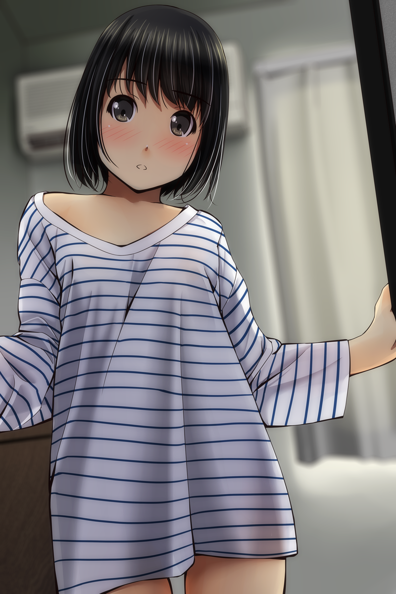 1girl black_eyes black_hair blurry blurry_background blush collarbone commentary_request curtains depth_of_field head_tilt highres indoors long_sleeves looking_at_viewer matsunaga_kouyou nose_blush original oversized_clothes oversized_shirt parted_lips shirt short_hair solo striped striped_shirt