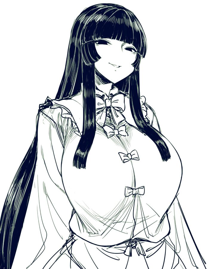 1girl bangs black_eyes black_hair breasts dress houraisan_kaguya huge_breasts long_hair long_sleeves looking_at_viewer monochrome ribbon smug space_jin teeth touhou very_long_hair wide_sleeves