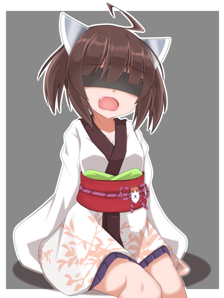 1girl ahoge ao_(aoblueao) bangs black_blindfold blindfold blue_skirt brown_hair eyebrows_visible_through_hair fang grey_background hair_between_eyes headgear headphones japanese_clothes kimono long_sleeves obi open_mouth outline pleated_skirt sash short_hair short_kimono skirt sleeves_past_fingers sleeves_past_wrists solo touhoku_kiritan twintails two-tone_background voiceroid white_background white_kimono white_outline