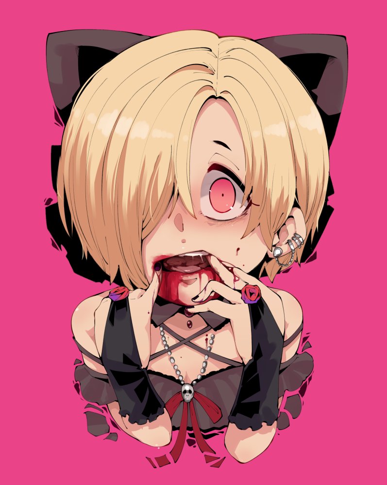 1girl bags_under_eyes bare_shoulders black_bow black_dress black_nails blonde_hair blood blood_from_mouth blood_on_face bow bridal_gauntlets commentary_request dress ear_piercing finger_in_mouth finger_licking hair_bow hair_over_one_eye idolmaster idolmaster_cinderella_girls licking looking_at_viewer nail_polish piercing pink_background red_eyes saliva shirasaka_koume short_hair simple_background skull_necklace solo takatoo_kurosuke