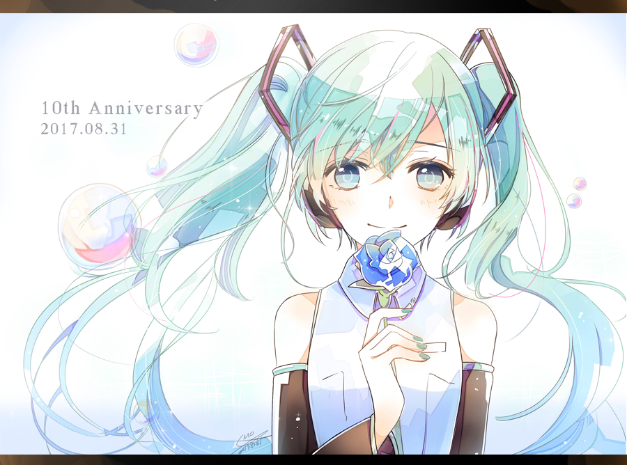 1girl 2017 blue_eyes blue_flower blue_hair blue_nails blue_rose dated detached_sleeves emo_(ricemo) eyebrows_visible_through_hair floating_hair flower hair_between_eyes hatsune_miku headphones holding holding_flower long_hair looking_at_viewer nail_polish rose shiny shiny_hair shirt sleeveless sleeveless_shirt smile solo twintails upper_body very_long_hair vocaloid white_shirt