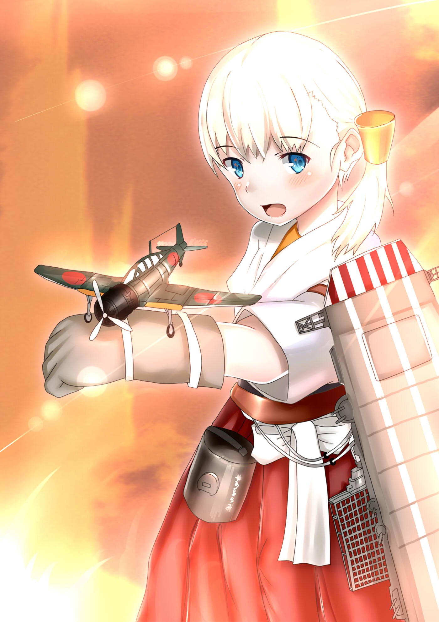 1girl aircraft aircraft_request airplane bangs blonde_hair blue_eyes blunt_bangs eyebrows_visible_through_hair fire_maxs flight_deck gloves hair_ornament hakama hakama_skirt highres japanese_clothes kantai_collection long_hair looking_at_viewer open_mouth red_hakama shin'you_(kantai_collection) side_ponytail single_glove solo