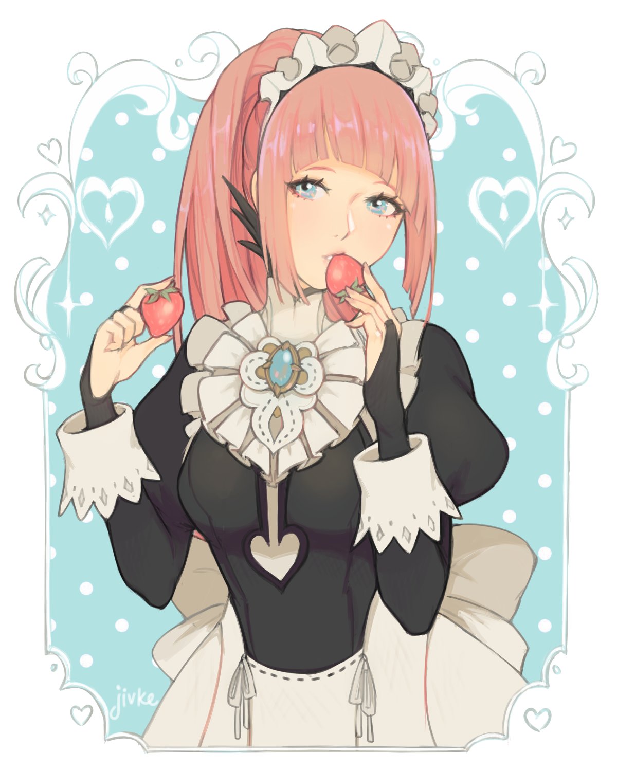 1girl artist_name blue_eyes bridal_gauntlets felicia_(fire_emblem_if) fire_emblem fire_emblem_if food fruit gem highres holding holding_fruit jivke juliet_sleeves long_hair long_sleeves maid maid_headdress nintendo pink_hair ponytail puffy_sleeves solo strawberry