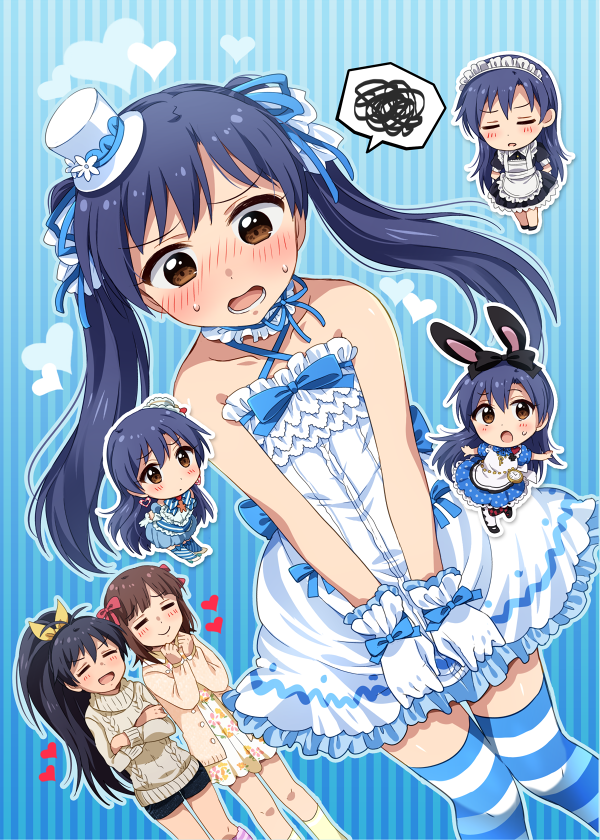 =_= alice_in_wonderland alternate_costume alternate_hairstyle amami_haruka animal_ears apron aran_sweater back_bow bangs bare_arms bare_shoulders black_dress black_footwear blue_background blue_bow blue_dress blue_hair blush bow breasts brown_eyes brown_hair cardigan clenched_hands closed_eyes closed_mouth collarbone commentary_request cosplay covering covering_crotch criss-cross_halter crossed_arms crossover d: dress dress_bow dress_tug dutch_angle embarrassed enmaided eyebrows_visible_through_hair facing_another fake_animal_ears frilled_apron frilled_dress frills furrowed_eyebrows gloves hair_bow halterneck hands_up hat heart high_ponytail hiiringu idolmaster idolmaster_(classic) kemonomimi_mode kisaragi_chihaya kneehighs large_breasts long_hair long_sleeves maid maid_apron maid_headdress march_hare march_hare_(cosplay) mini_hat mini_top_hat nose_blush open_mouth pink_cardigan rabbit_ears red_bow short_dress short_hair short_sleeves sleeveless sleeveless_dress smile speech_bubble spoken_squiggle squiggle standing striped striped_background striped_legwear sweatdrop sweater thigh-highs top_hat twintails v_arms vertical-striped_background vertical_stripes very_long_hair wavy_mouth white_apron white_dress white_gloves white_hat yellow_legwear