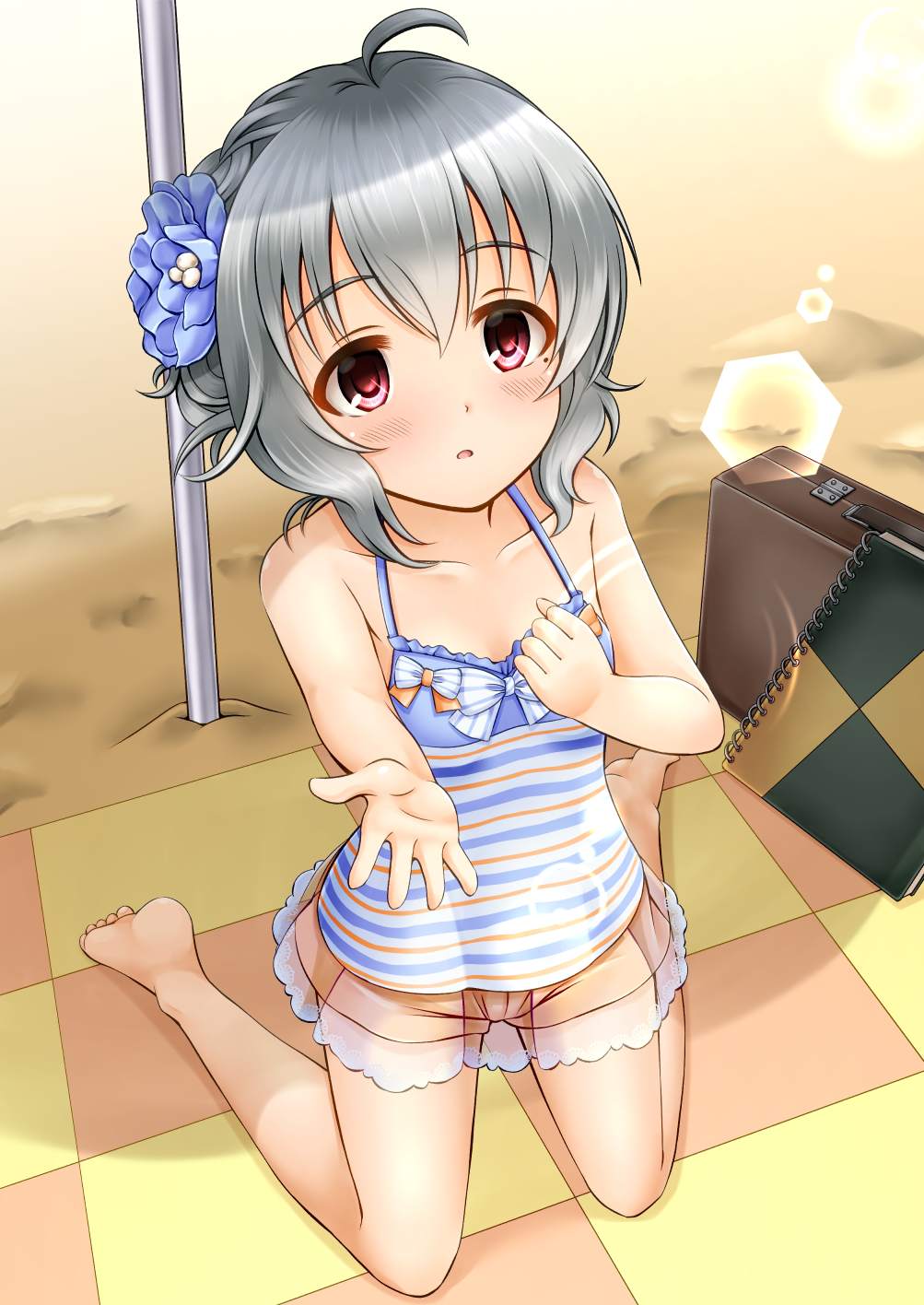 1girl ahoge bangs bare_arms bare_legs bare_shoulders barefoot beach blue_flower blush breasts brown_shorts camisole collarbone commentary_request day eyebrows_visible_through_hair flower grey_hair hair_between_eyes hair_flower hair_ornament highres idolmaster idolmaster_cinderella_girls kneeling narumiya_yume notebook outdoors outstretched_arm parted_lips red_eyes regular_mow sand see-through short_shorts shorts small_breasts solo striped striped_camisole suitcase