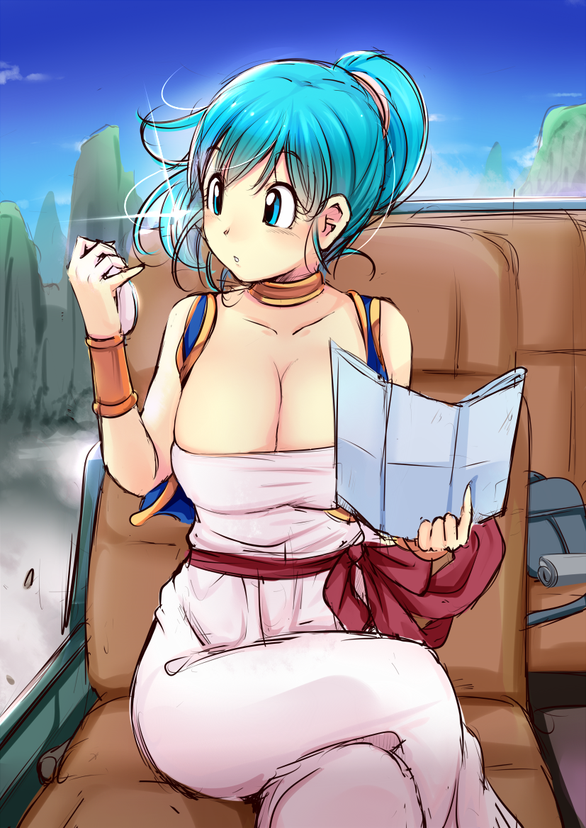 1girl 90s arabian_clothes arms_up blue_eyes blue_hair blue_sky blue_vest blush bracelet breasts bulma car car_interior choker cleavage clouds collarbone commentary_request cropped_legs day dragon_ball dragon_radar eyebrows eyebrows_visible_through_hair glint ground_vehicle holding holding_map jewelry katori_(mocchidou) large_breasts legs_crossed long_hair map map_(object) motor_vehicle mountain outdoors pants parted_lips ponytail raised_eyebrows shirt sitting sky solo vest white_pants white_shirt