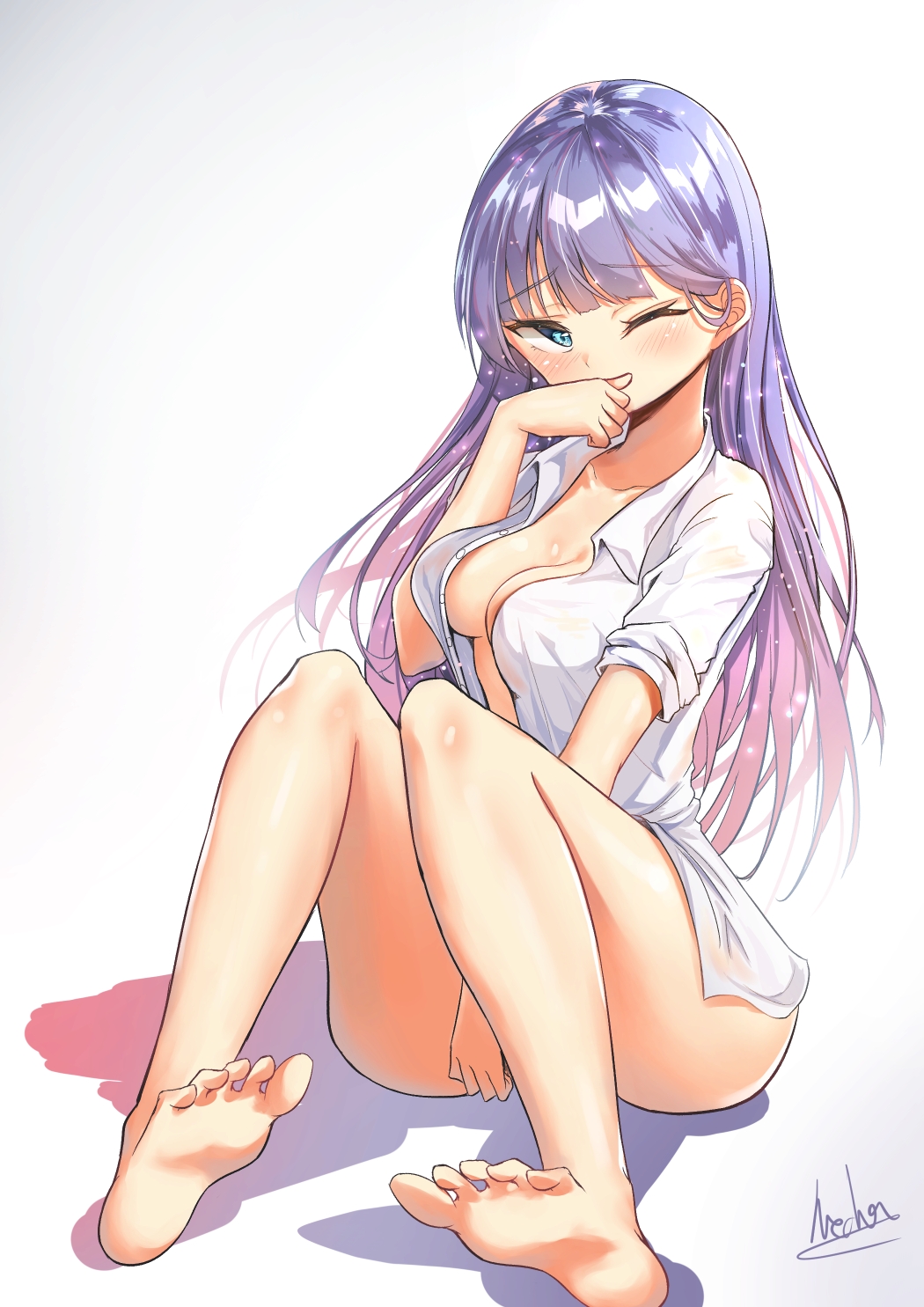 1girl alswp5806 bangs bare_legs barefoot blue_eyes blush breasts cleavage collared_shirt covered_mouth eyebrows_visible_through_hair head_tilt highres long_hair looking_at_viewer medium_breasts naked_shirt one_eye_closed open_clothes open_shirt original purple_hair shirt short_sleeves signature sitting sleeves_pushed_up soles solo very_long_hair white_shirt