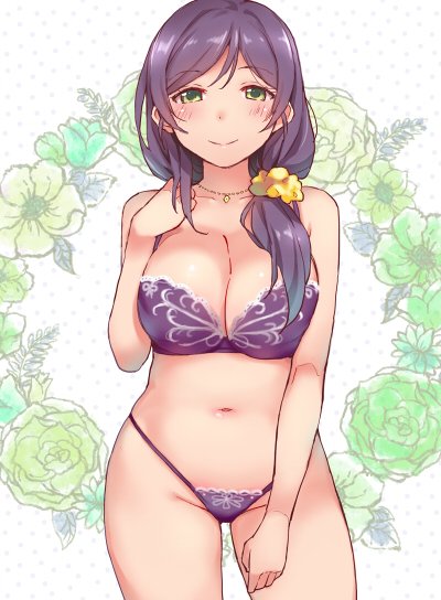 bare_shoulders blush bow bra braid collar collarbone cowboy_shot deyuuku floral_background green_eyes hair_bow hand_on_own_chest hand_on_own_thigh highleg highleg_panties hips long_hair love_live! love_live!_school_idol_project navel panties polka_dot polka_dot_background purple_bra purple_hair purple_panties smile thighs toujou_nozomi underwear underwear_only white_background yellow_bow
