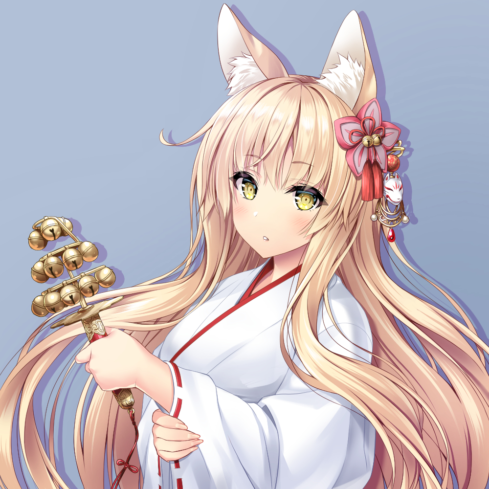 1girl animal_ear_fluff animal_ears bell blonde_hair commentary_request fox_ears fushimi_(fukumi) hair_ornament haori japanese_clothes jingle_bell kagura_suzu long_hair miko original parted_lips ribbon-trimmed_sleeves ribbon_trim simple_background very_long_hair wide_sleeves yellow_eyes