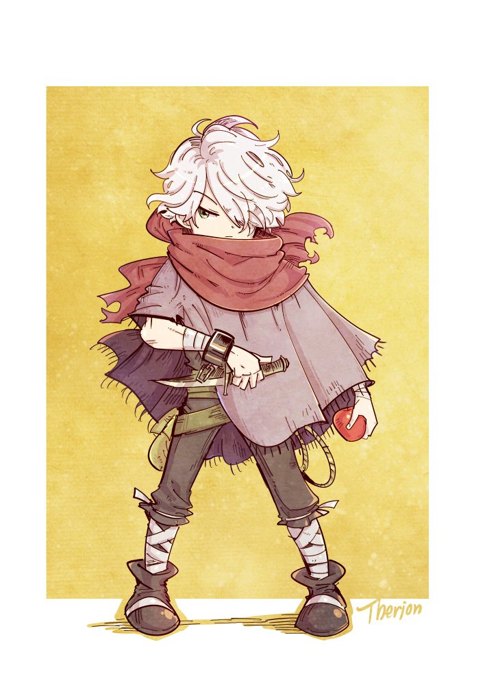 1boy bracelet chibi gloves hair_over_one_eye jewelry knife long_hair male_focus octopath_traveler scarf short_hair shoutank14 simple_background smile solo therion_(octopath_traveler) weapon white_hair