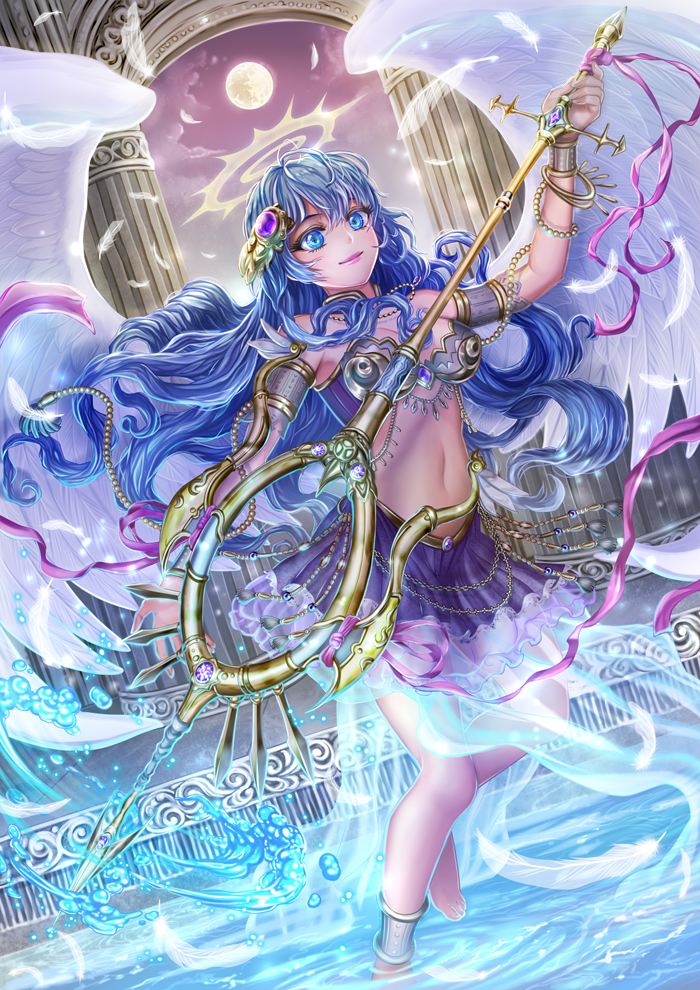 1girl angel_wings anklet arch armlet barefoot blue_eyes blue_hair column feathers full_moon hair_ornament halo holding holding_staff jewelry long_hair magic moon navel original pillar pink_lips pool purple_skirt purple_sky skirt solo staff standing very_long_hair water white_feathers wings yogikka