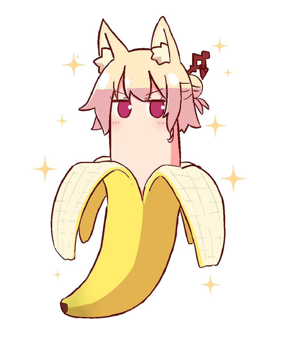 1girl animal_ears banana banana_peel bangs blonde_hair blush commentary_request eyebrows_visible_through_hair food fox_ears fruit hair_bun hair_ornament highres kemomimi-chan_(naga_u) long_hair looking_at_viewer naga_u original red_eyes simple_background solo sparkle v-shaped_eyebrows white_background