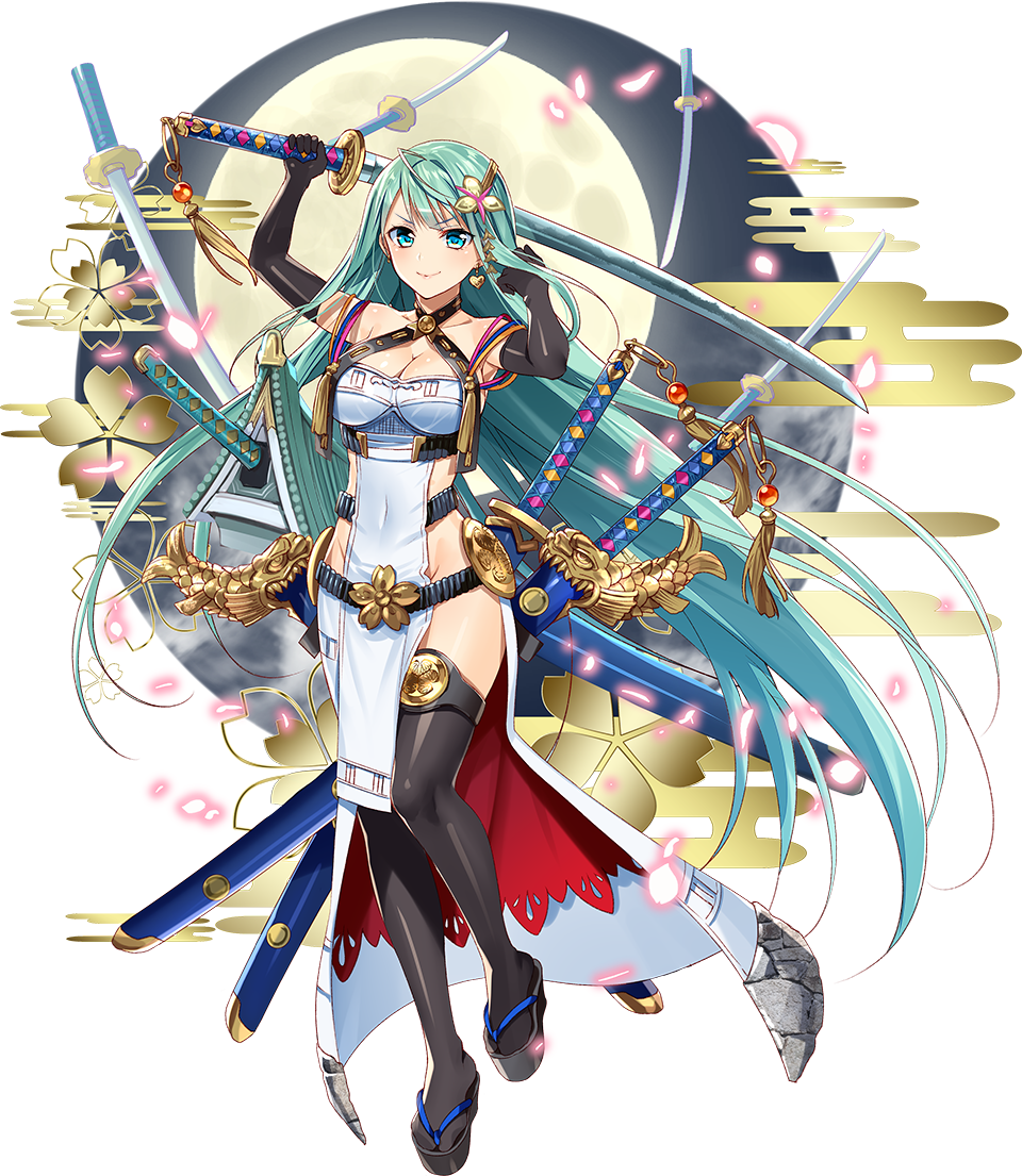 1girl absurdly_long_hair ahoge black_gloves black_legwear blue_eyes blush breasts cleavage earrings elbow_gloves eyebrows_visible_through_hair full_body gloves green_hair heart heart_earrings holding holding_sword holding_weapon jewelry large_breasts long_hair looking_at_viewer murakami_yuichi official_art oshiro_project oshiro_project_re platform_footwear sheath sheathed smile solo sword thigh-highs tokugawa_osaka_(oshiro_project) transparent_background very_long_hair weapon