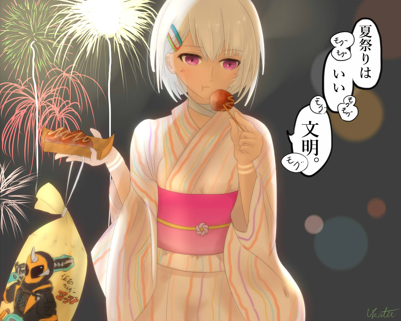 1girl altera_(fate) bag bangs breasts closed_mouth commentary_request eating fate/grand_order fate_(series) firework_background fireworks food hair_ornament hairclip holding holding_food japanese_clothes kamen_rider kamen_rider_ghost kamen_rider_ghost_(series) kimono looking_down night outdoors patterned_clothing pink_eyes shiny shiny_hair short_hair small_breasts solo speech_bubble standing tattoo translated white_hair yukata yukata_(mn103014)