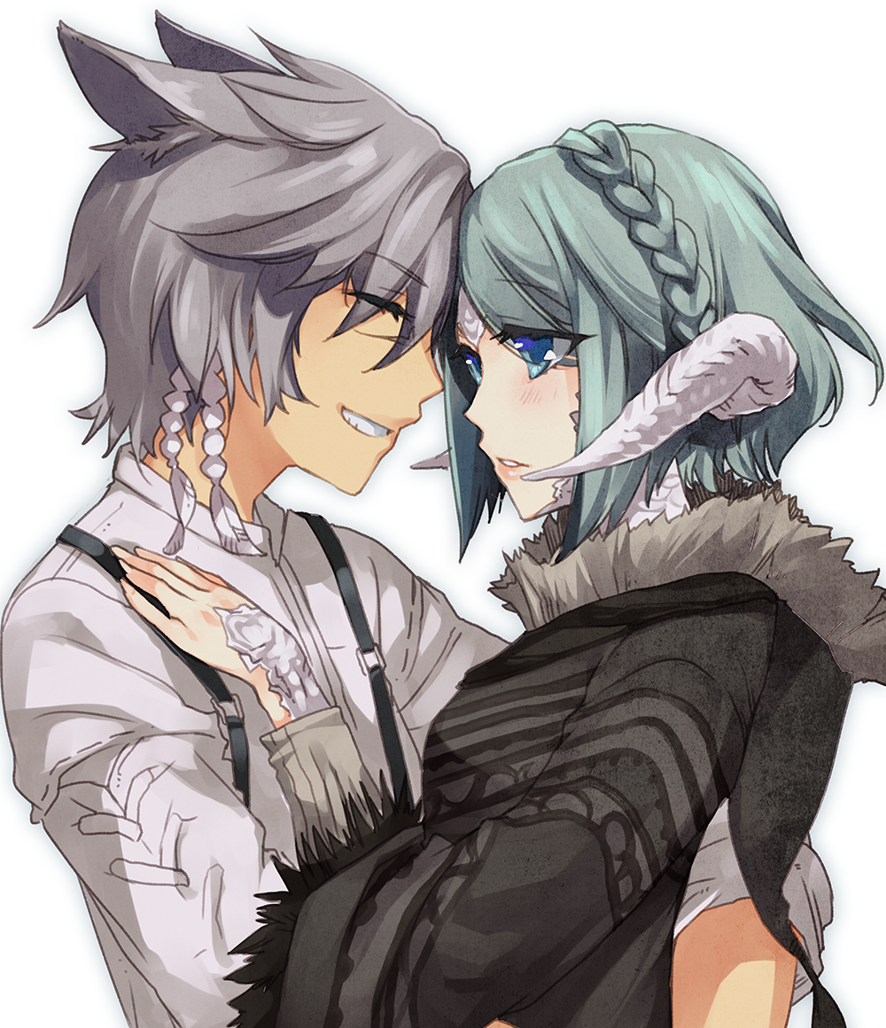 1boy 1girl animal_ears au_ra blue_eyes braid cat_ears closed_eyes dragon_horns facial_mark final_fantasy final_fantasy_xiv fur_trim green_hair grey_hair hand_on_another's_chest hisato_ar horns hug miqo'te scales shirt short_hair smile suspenders upper_body white_background white_shirt