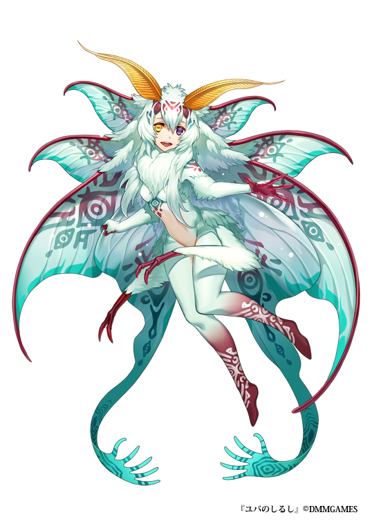 1girl clenched_hand dmm extra_hands eye_print full_body hair_between_eyes hand_out heterochromia looking_at_viewer midair midriff moth_ears moth_girl moth_wings official_art simple_background solo violet_eyes white_background white_hair white_legwear white_neckwear wings yellow_eyes yuba_no_shirushi yuzu_shio