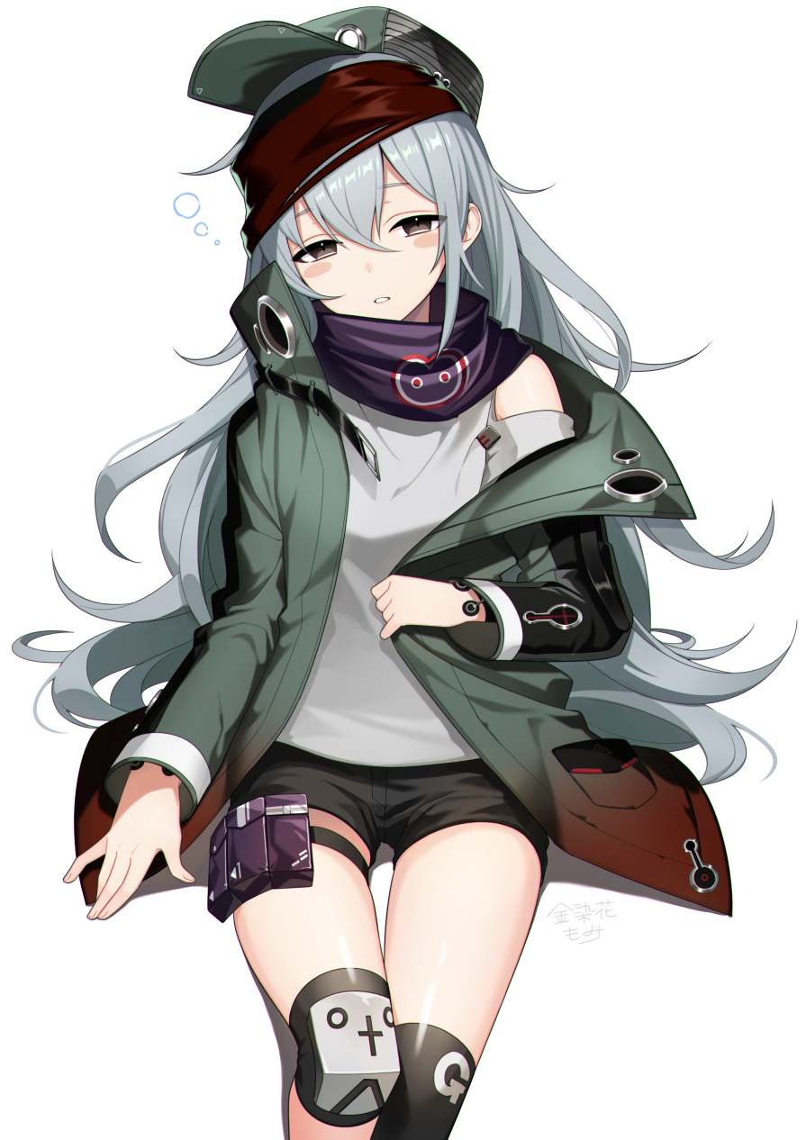 1girl bangs black_shorts blush blush_stickers brown_eyes clothes_grab coat g11_(girls_frontline) girls_frontline grey_shirt hair_between_eyes half-closed_eyes hat head_tilt highres jacket kinsenka_momi long_hair looking_at_viewer messy_hair open_clothes open_coat parted_lips pouch scarf scarf_on_head shirt short_shorts shorts shoulder_cutout sidelocks signature silver_hair simple_background single_knee_pad single_thighhigh sitting sleepy solo thigh-highs thigh_strap thighs very_long_hair white_background