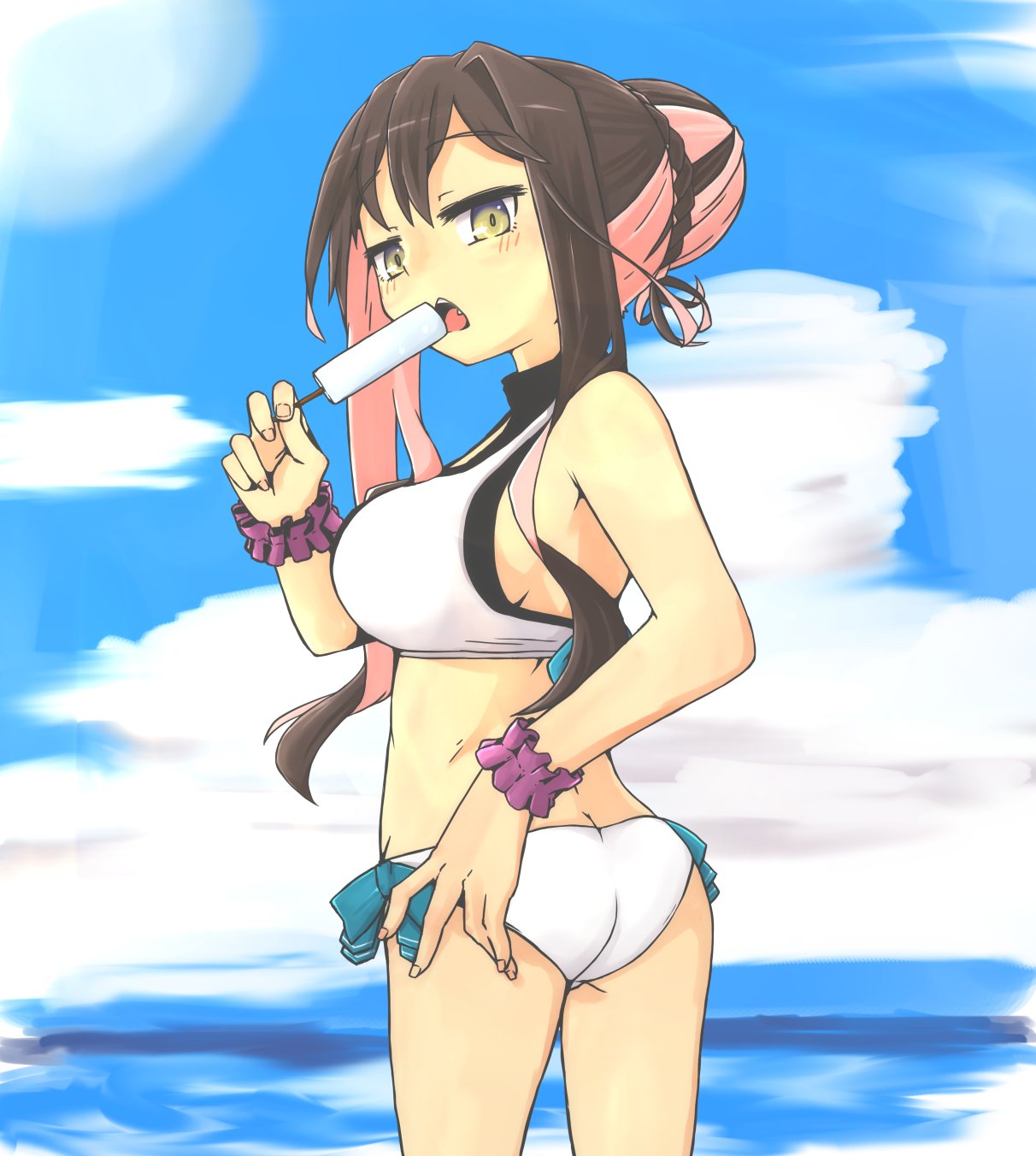 1girl alternate_costume alternate_hairstyle ass back bikini blue_bow blue_eyes blue_sky bow braid breasts brown_hair clouds commentary_request contrapposto cowboy_shot day fang fingernails food french_braid frilled_wrist_cuffs gradient_eyes hair_bun hair_intakes hand_on_hip hand_up highres kantai_collection large_breasts looking_at_viewer looking_back macbail multicolored multicolored_eyes multicolored_hair naganami_(kantai_collection) ocean open_mouth outdoors pink_hair popsicle short_hair_with_long_locks side-tie_bikini sky solo swimsuit thighs two-tone_hair white_bikini wrist_cuffs yellow_eyes