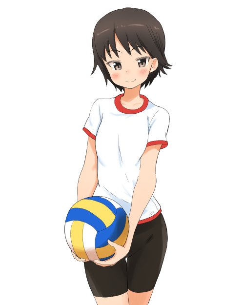 1girl ball bangs bike_shorts black_shorts blush brown_eyes brown_hair closed_mouth commentary cowboy_shot girls_und_panzer gym_shirt gym_uniform holding holding_ball isobe_noriko looking_at_viewer no_socks shirt short_hair short_shorts short_sleeves shorts simple_background smile solo standing t-shirt thigh_gap uasi volleyball white_background white_shirt