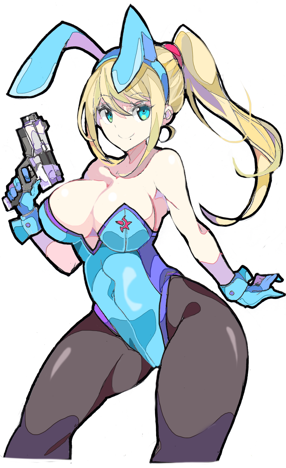 1girl animal_ears blonde_hair blue_eyes blush bodysuit breasts bunny_girl bunny_tail bunnysuit detached_collar enpe fake_animal_ears highres large_breasts leotard long_hair looking_at_viewer metroid navel nintendo open_mouth pantyhose ponytail rabbit_ears samus_aran simple_background skin_tight smile solo tail white_background wrist_cuffs zero_suit