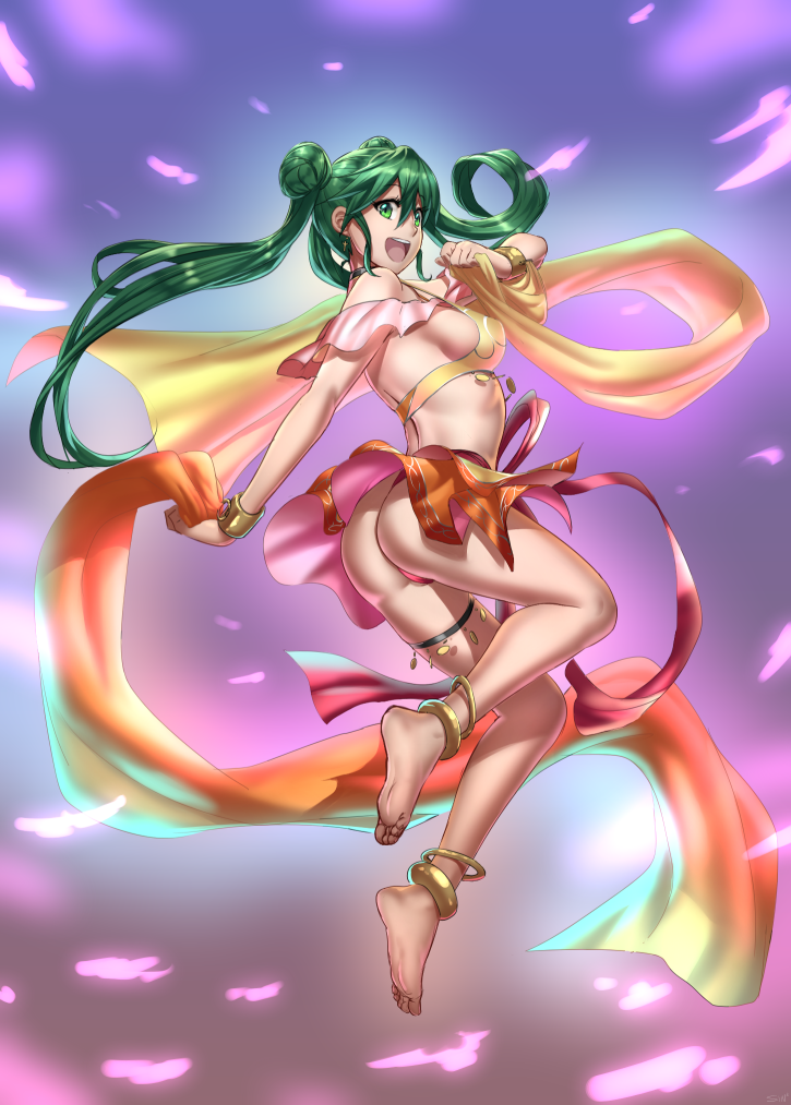 1girl :d anklet ass bare_shoulders bracelet breasts dancer double_bun earrings fire_emblem fire_emblem:_seisen_no_keifu full_body green_eyes green_hair jewelry long_hair looking_at_viewer looking_back medium_breasts midriff nintendo open_mouth sideboob sinccubi skirt smile solo sylvia_(fire_emblem) thigh_strap thighs twintails