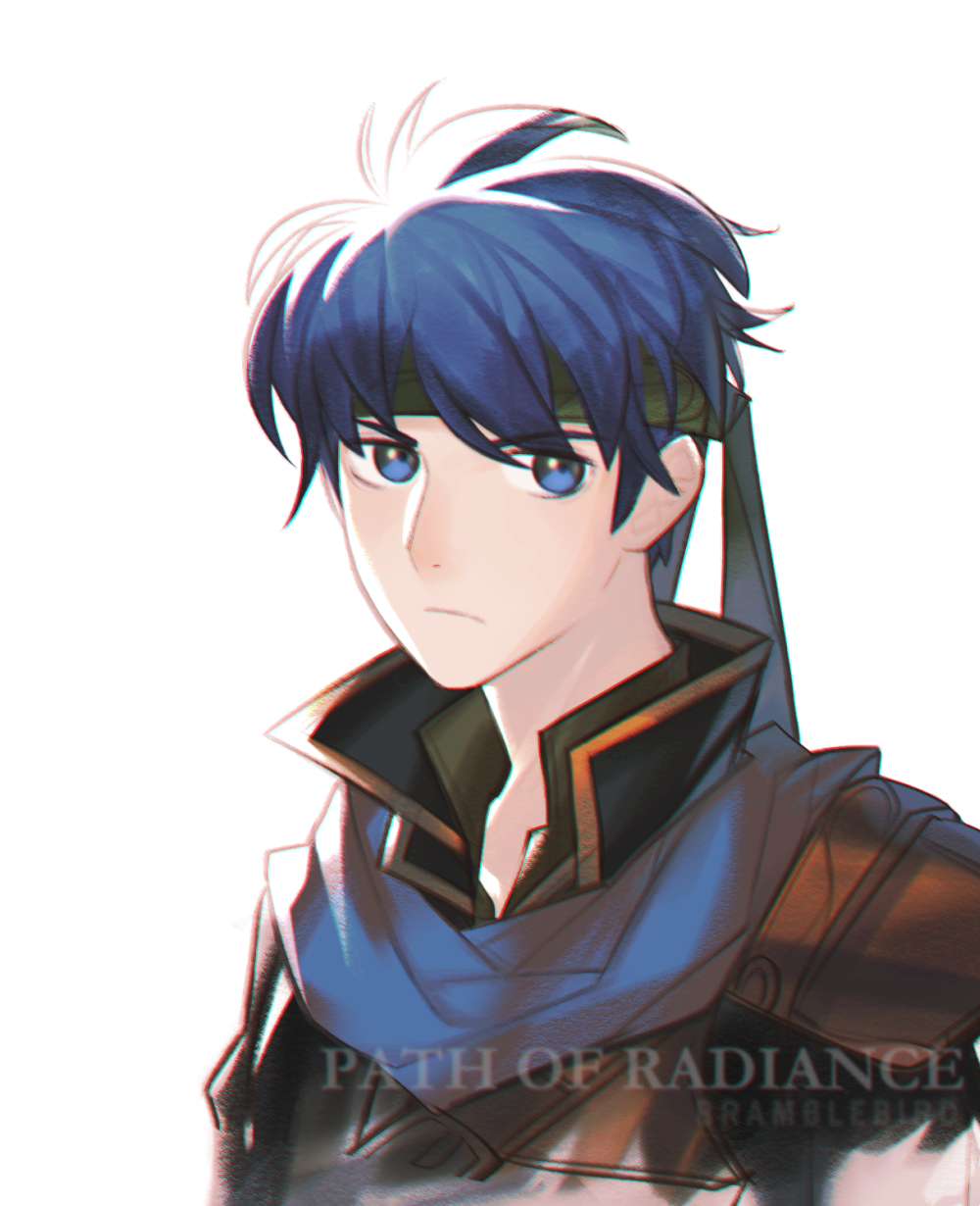 1boy blue_eyes blue_hair cape fire_emblem fire_emblem:_souen_no_kiseki gloves headband highres ike kky male_focus nintendo short_hair simple_background smile solo white_background